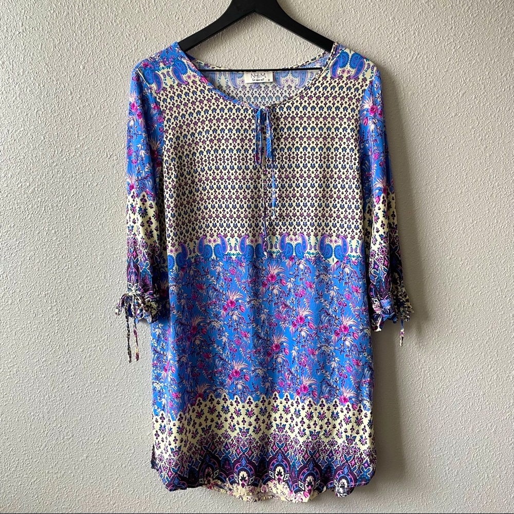 NHIM Boho Mixed Print Floral Tunic Dress Blue Mosaic Keyhole Festival Medium
